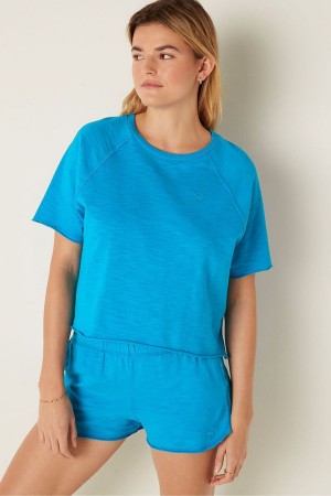 Victoria's Secret Baumwoll Slub Kurzes Sleeve Crew Crop T-Shirt Blau | 617804PZK