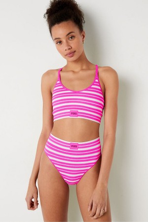 Victoria's Secret High Taille Rib Seamless Bikini Bottoms Rosa Gestreift Streifen | 842635RVX