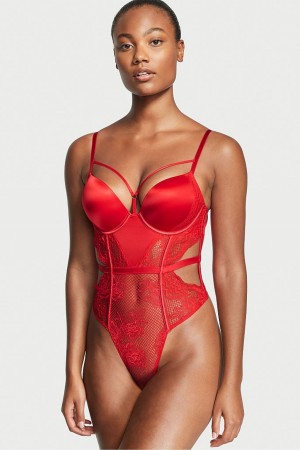 Victoria's Secret Luxe Lingerie Fishnet Bombshell Bodysuit Rot | 876130YHE