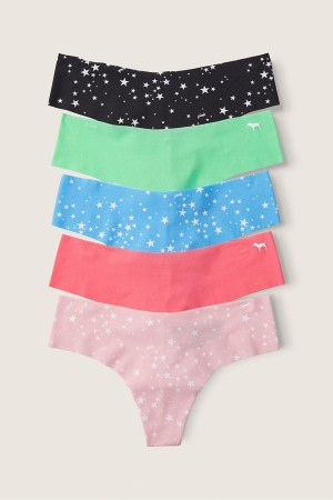 Victoria's Secret No-Show No Show Tanga Knickers 5 Pack Black/Blue/Pink/Green Star | 390286ALU