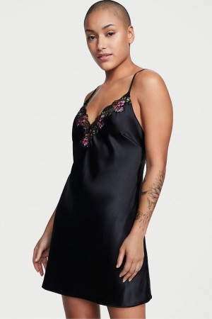 Victoria's Secret Satin Embroidered Slip Kleider Schwarz | 098157RTK