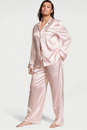 Victoria's Secret Satin Long Pyjama Set Streifen Rosa | 186043SKU