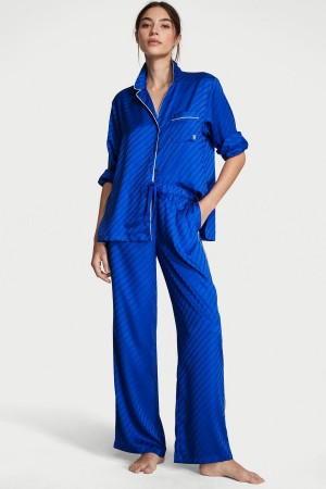 Victoria's Secret Satin Long Pyjamas Blau | 208593YJZ