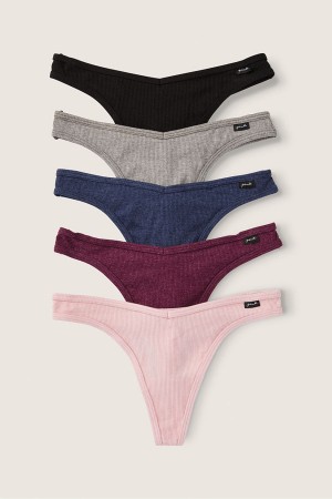 Victoria's Secret Stretch Baumwoll Baumwoll Tanga Knickers 5 Pack Black/Grey/Blue/Burgundy/Pink | 641879ZMF