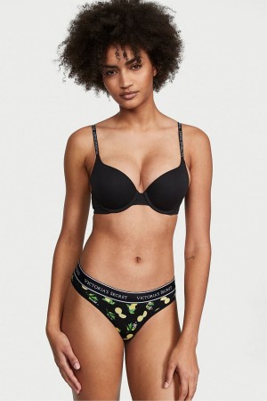 Victoria's Secret Stretch Baumwoll Baumwoll Logo Tanga Knickers Schwarz | 146593WGL