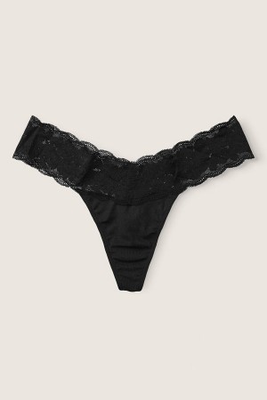 Victoria's Secret Stretch Baumwoll Spitze Trim Tanga Knickers Schwarz | 901583AIU