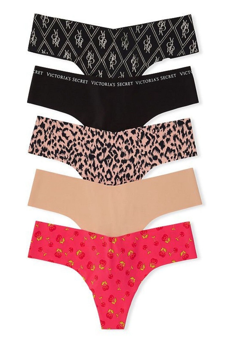 Victoria\'s Secret 5 Pack No Show Tanga Knickers Black/Nude/Red Print | 465293RSH