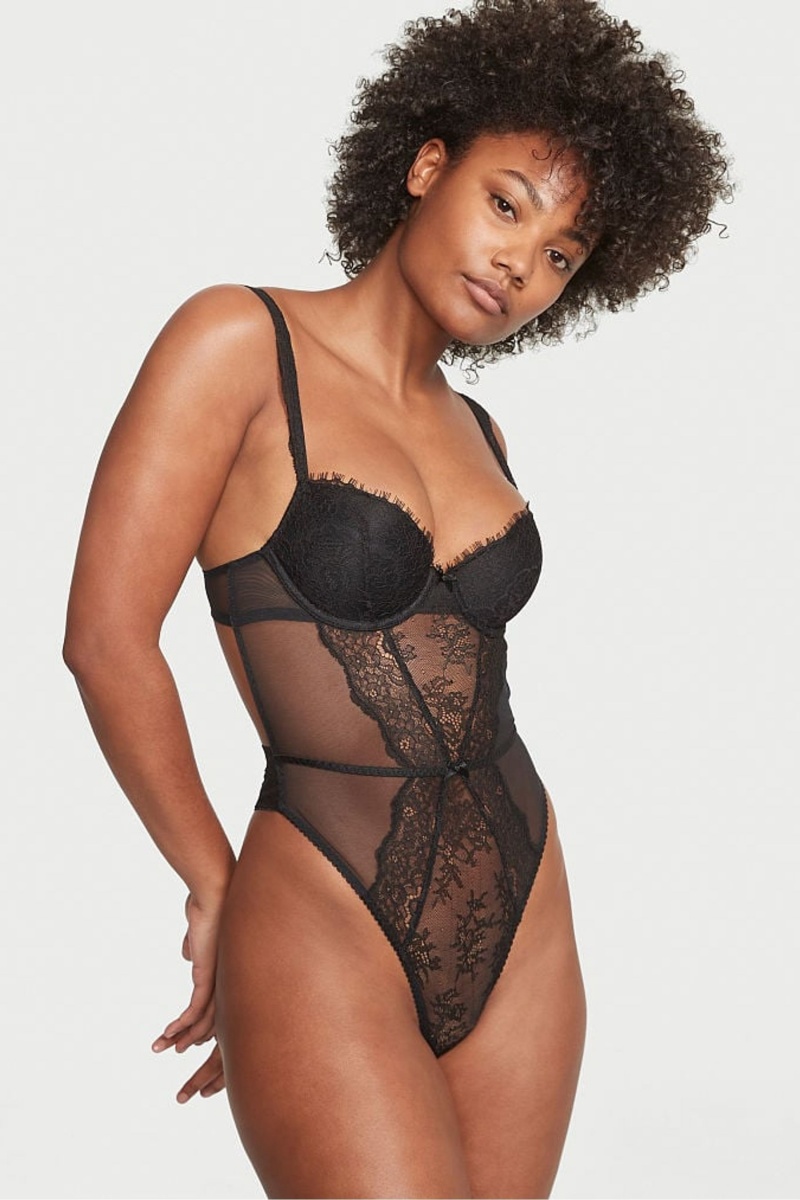 Victoria\'s Secret Lightly Gefütterte Demi Spitze Bodysuit Schwarz | 913502CFW