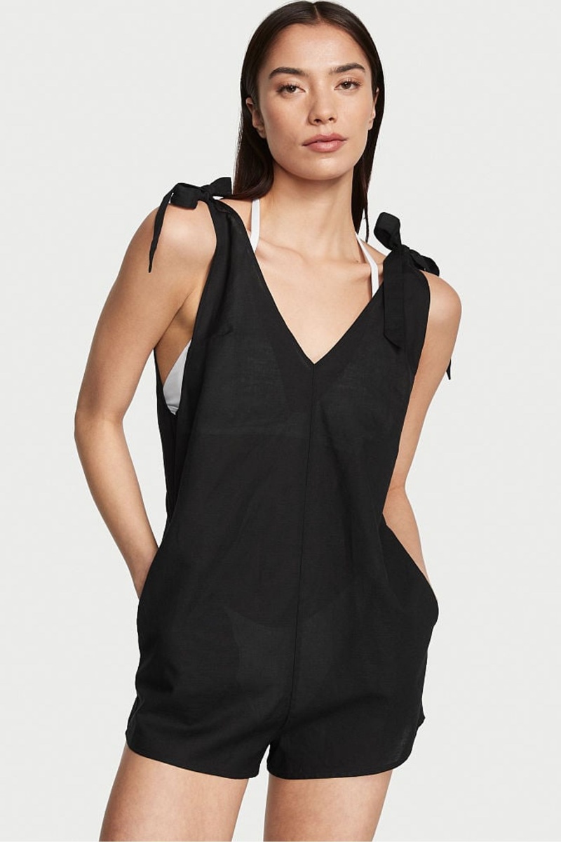 Victoria\'s Secret Linen Playsuit Cover Up Schwarz | 169457NKW