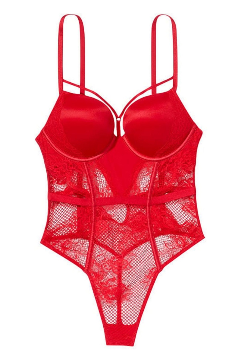 Victoria's Secret Luxe Lingerie Fishnet Bombshell Bodysuit Rot | 876130YHE