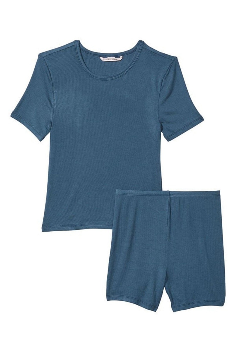 Victoria's Secret Modal Kurzes Gerippt Pyjamas Blau | 601325NCQ