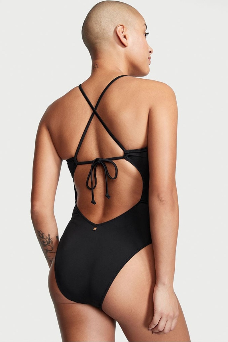 Victoria's Secret Ruched Shine Cut Out One Piece Swimsuit Schwarz | 725190RNW