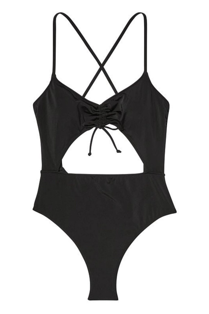 Victoria's Secret Ruched Shine Cut Out One Piece Swimsuit Schwarz | 725190RNW