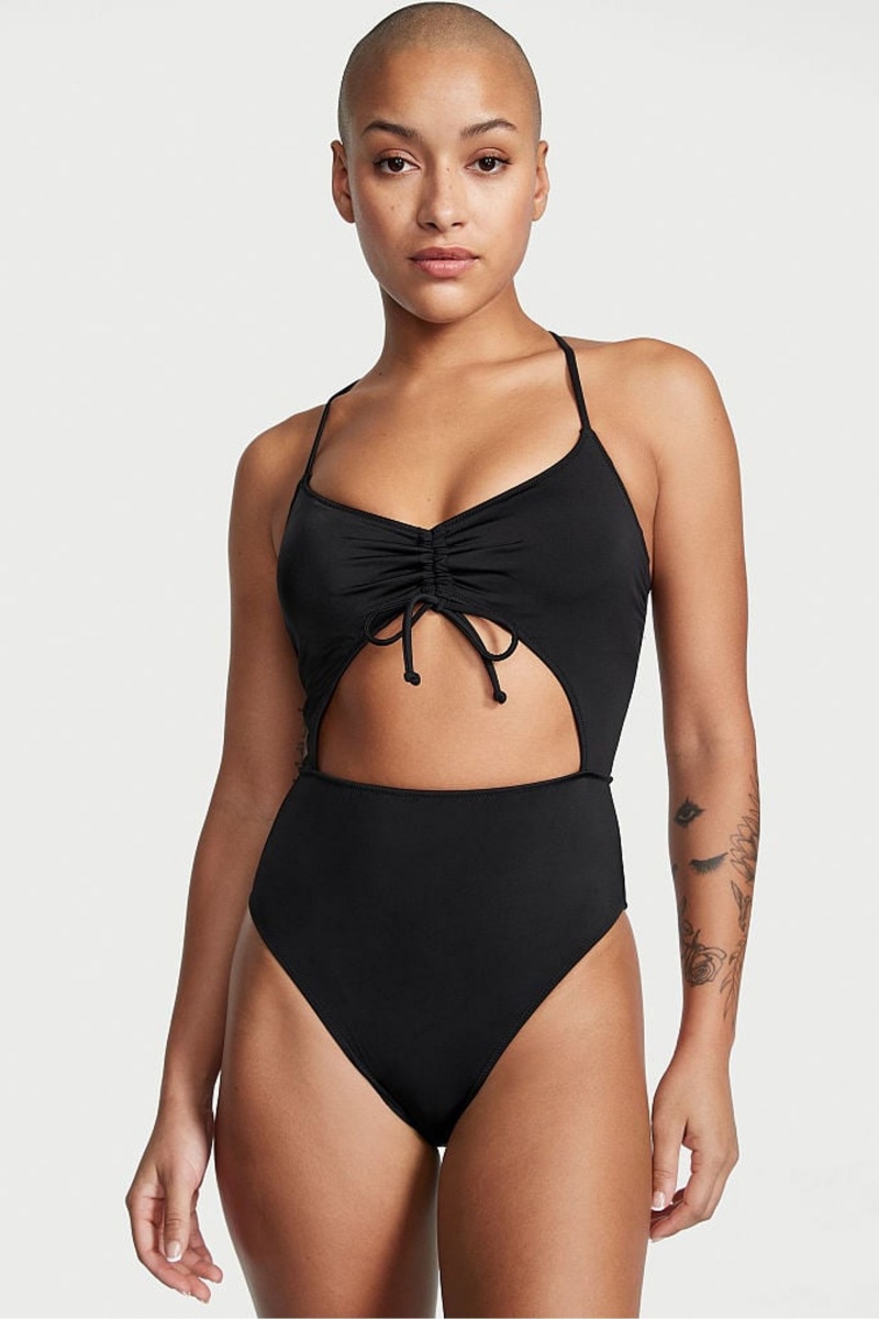 Victoria\'s Secret Ruched Shine Cut Out One Piece Swimsuit Schwarz | 725190RNW