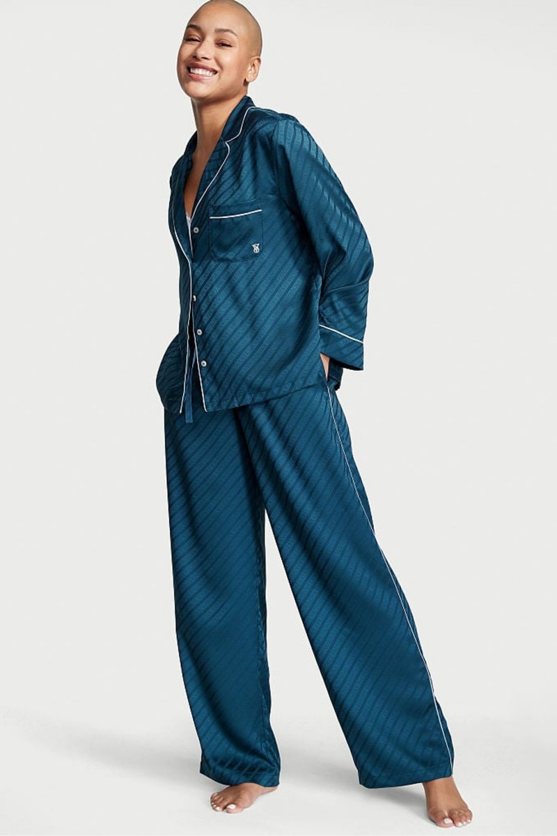 Victoria\'s Secret Satin Long Pyjamas Blau | 904563PJO