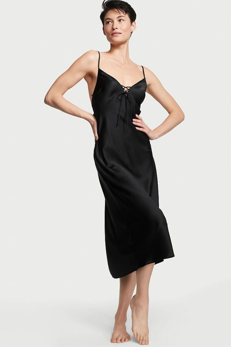 Victoria\'s Secret Satin Midi Slip Schwarz | 495670FMY