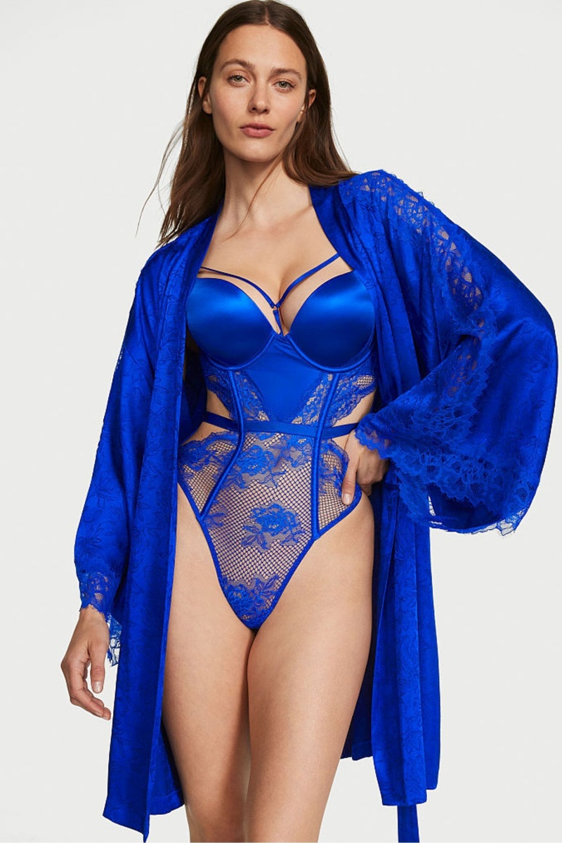 Victoria's Secret Satin Spitze Robe Blau | 839024RLC