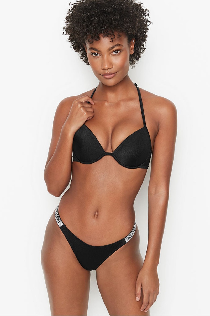 Victoria\'s Secret Shine Riemen Swim Bikini Bottom Schwarz | 572493JYT