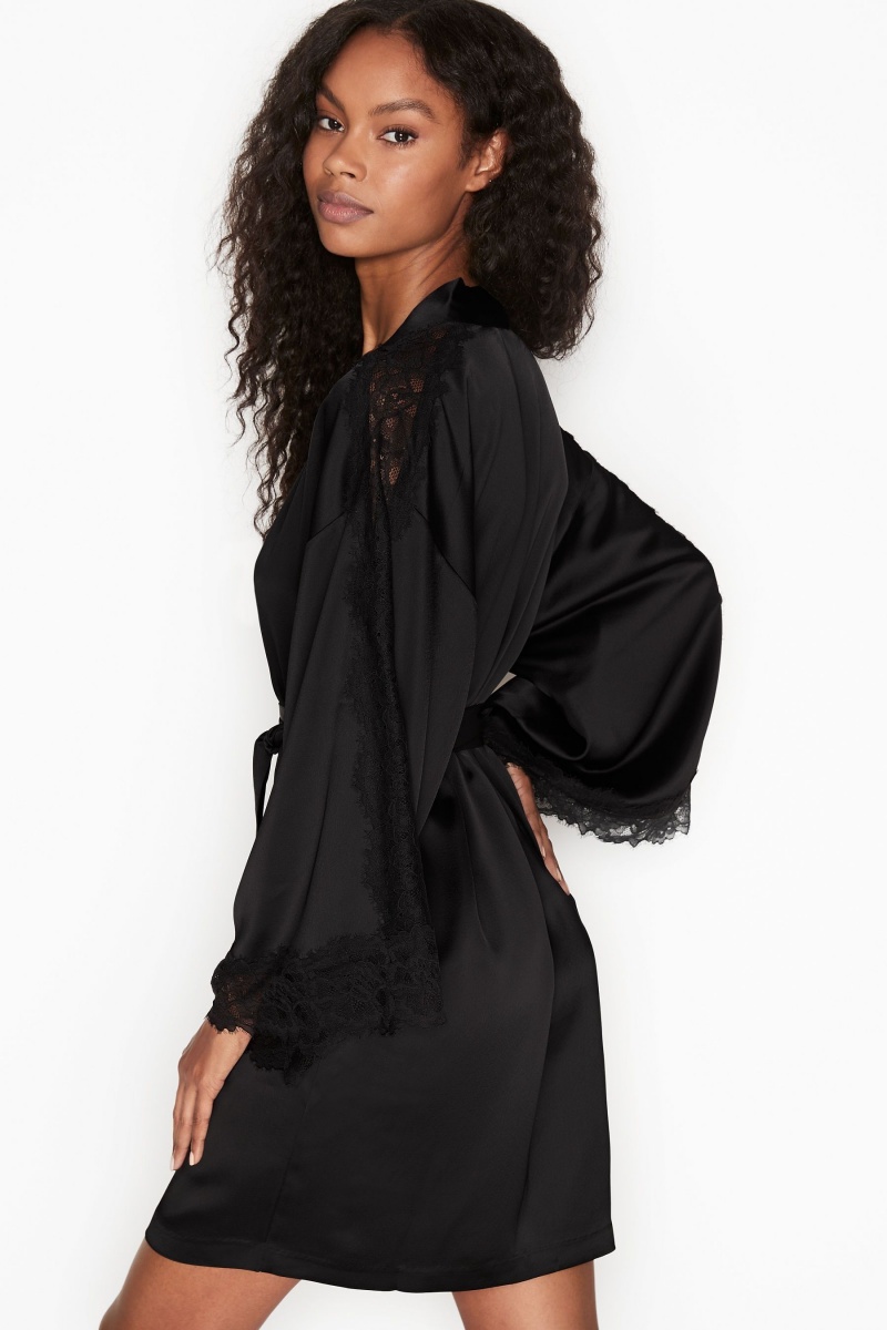 Victoria's Secret Spitze Inset Kimono Robe Schwarz | 672301RUC