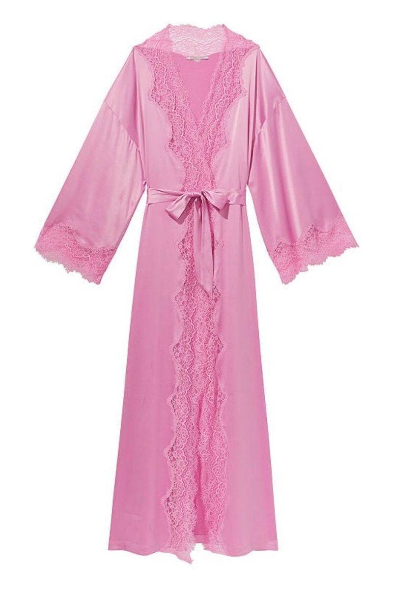 Victoria's Secret Spitze Trim Satin Long Robe Rosa | 769384QWM