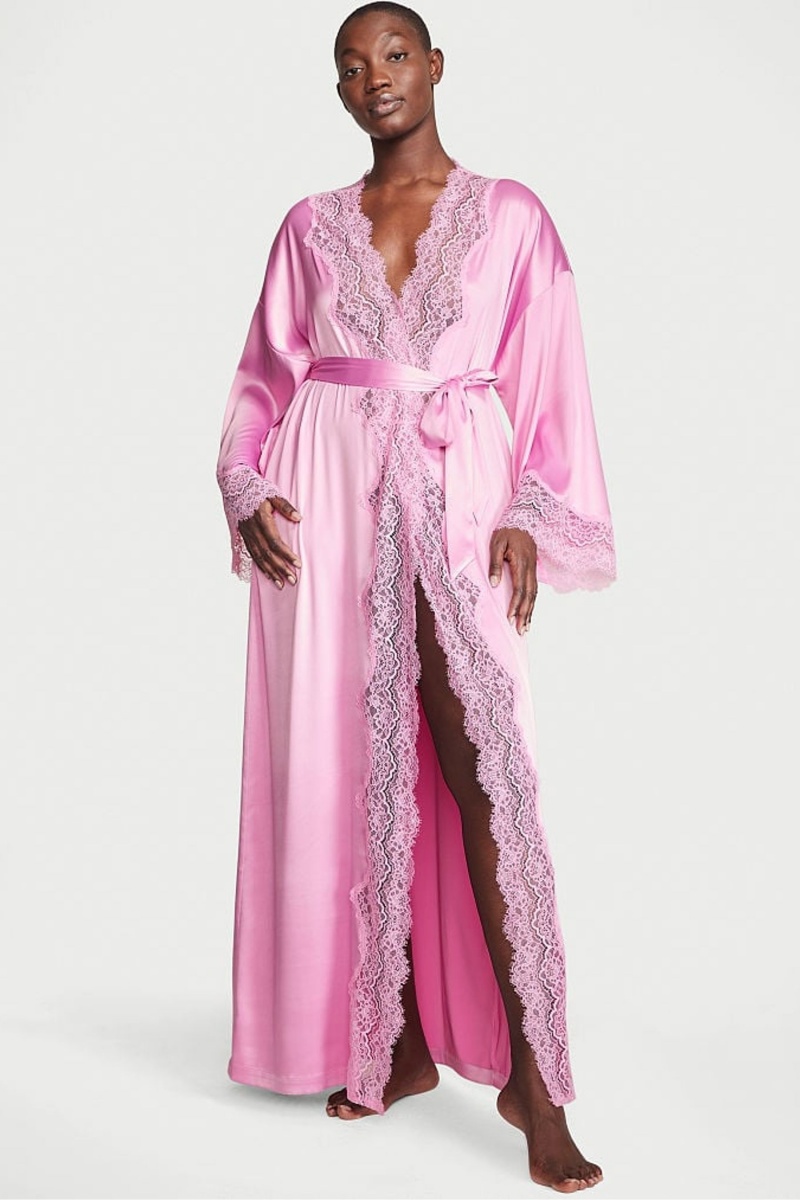 Victoria\'s Secret Spitze Trim Satin Long Robe Rosa | 769384QWM