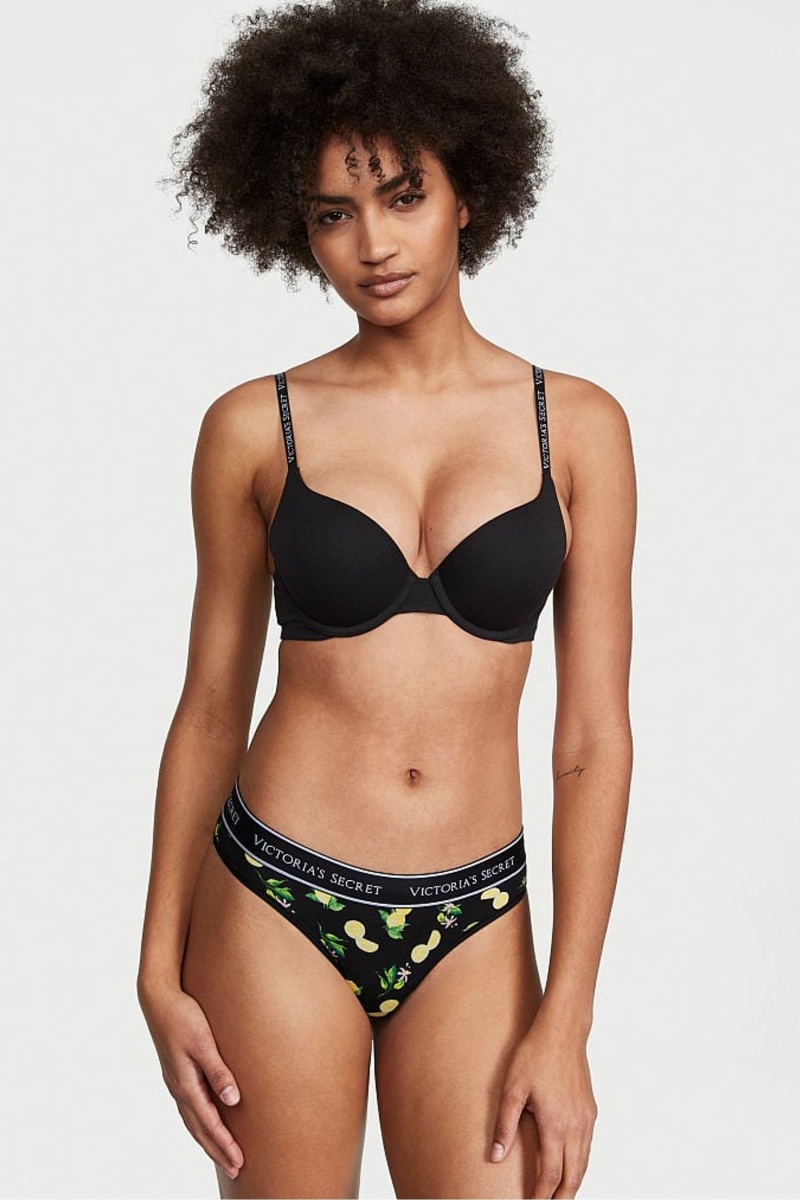 Victoria\'s Secret Stretch Baumwoll Baumwoll Logo Tanga Knickers Schwarz | 146593WGL