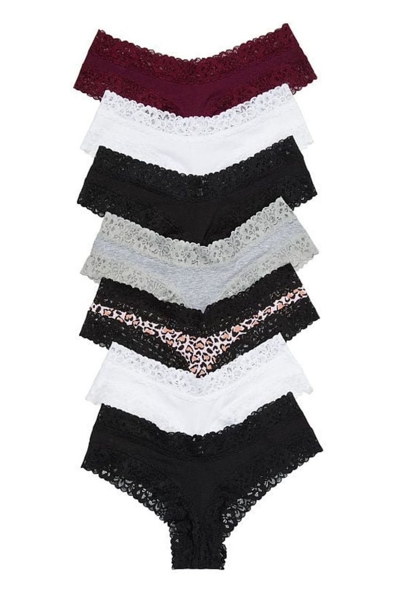 Victoria\'s Secret The Lacie Spitze Trim Cheeky Knickers 7 Pack Black/White/Leopard/Grey/Burgundy | 875612CZH