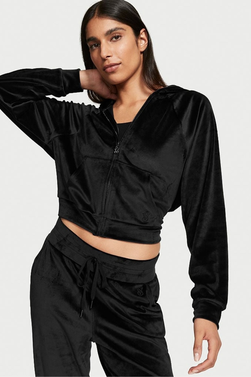 Victoria\'s Secret Velour Lounge Zip Up Hoodie Schwarz | 187954GRX