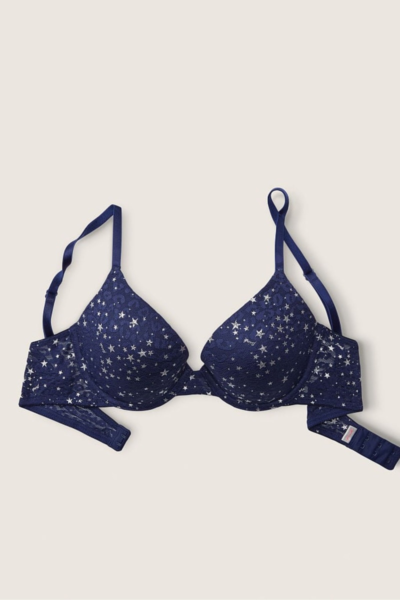 Victoria's Secret Wear Everywhere Spitze Push Up T-Shirt Bra Navy Blau | 102483LZX